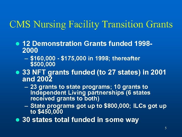 CMS Nursing Facility Transition Grants l 12 Demonstration Grants funded 19982000 – $160, 000