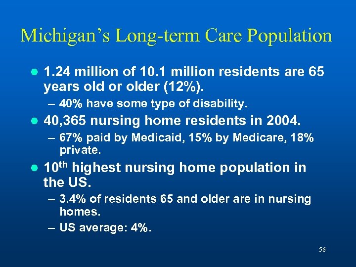 Michigan’s Long-term Care Population l 1. 24 million of 10. 1 million residents are