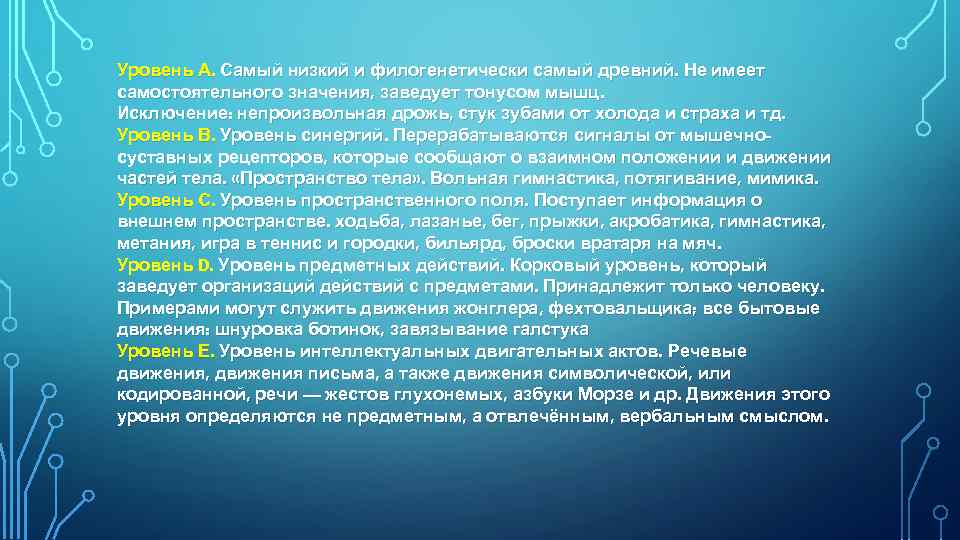 Уровень А. Самый низкий и филогенетически самый древний. Не имеет самостоятельного значения, заведует тонусом