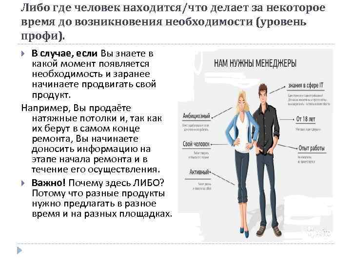 Либо где человек находится/что делает за некоторое время до возникновения необходимости (уровень профи). В