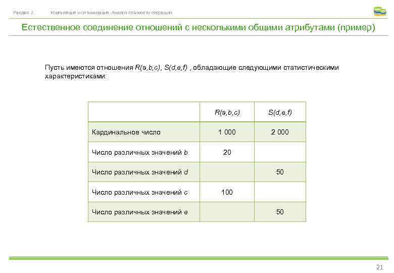 Раздел 2. Компиляция и оптимизация. Анализ стоимости операций. Естественное соединение отношений с несколькими общими