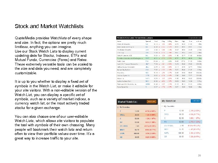 Stock and Market Watchlists Quote. Media provides Watchlists of every shape and size. In