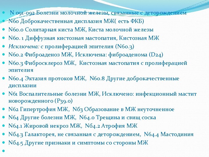  N 091 -092 Болезни молочной железы, связанные с деторождением N 60 Доброкачественная дисплазия