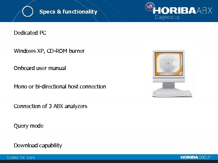 Specs & functionality Dedicated PC Windows XP, CD-ROM burner Onboard user manual Mono or