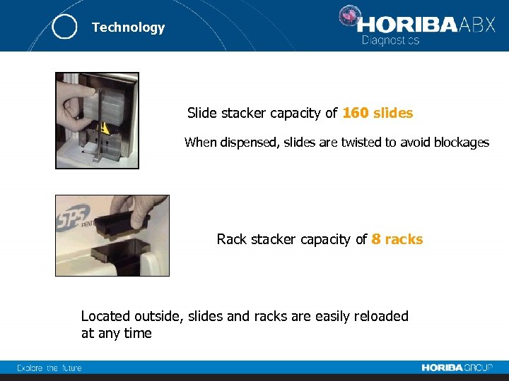 Technology Slide stacker capacity of 160 slides When dispensed, slides are twisted to avoid