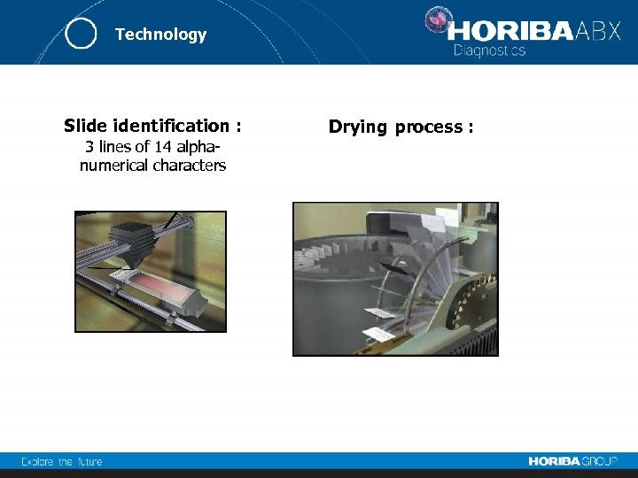 Technology Slide identification : 3 lines of 14 alphanumerical characters Drying process : 