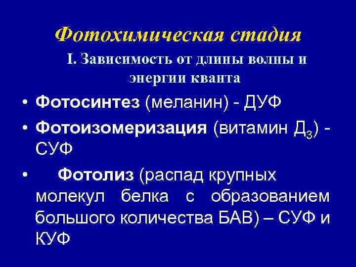 Фотохимическая стадия I. Зависимость от длины волны и энергии кванта • Фотосинтез (меланин) -