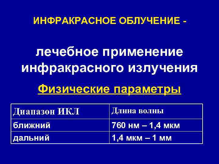 ИНФРАКРАСНОЕ ОБЛУЧЕНИЕ - лечебное применение инфракрасного излучения Физические параметры Диапазон ИКЛ Длина волны ближний