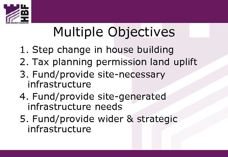 Multiple Objectives 1. Step change in house building 2. Tax planning permission land uplift