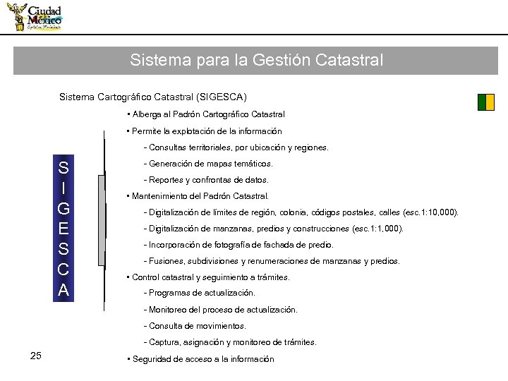 Sistema para la Gestión Catastral Sistema Cartográfico Catastral (SIGESCA) • Alberga al Padrón Cartográfico