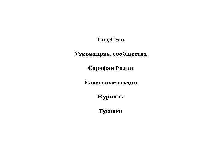 Соц Сети Узконаправ. сообщества Сарафан Радио Известные студии Журналы Тусовки 