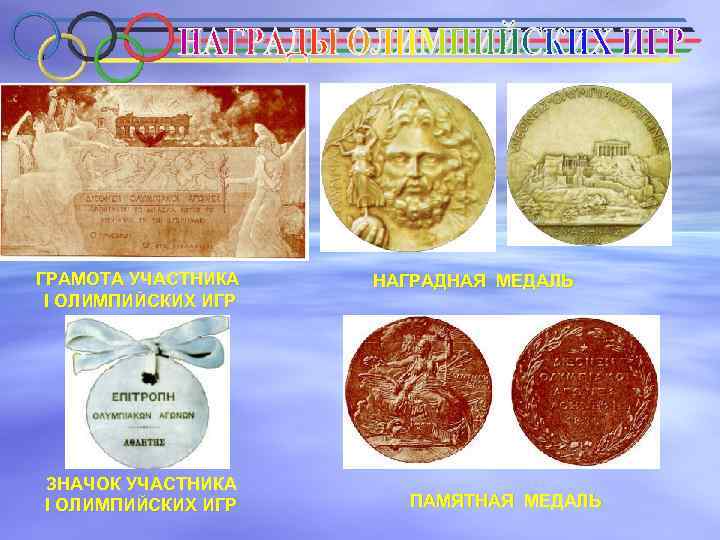 ГРАМОТА УЧАСТНИКА I ОЛИМПИЙСКИХ ИГР ЗНАЧОК УЧАСТНИКА I ОЛИМПИЙСКИХ ИГР НАГРАДНАЯ МЕДАЛЬ ПАМЯТНАЯ МЕДАЛЬ