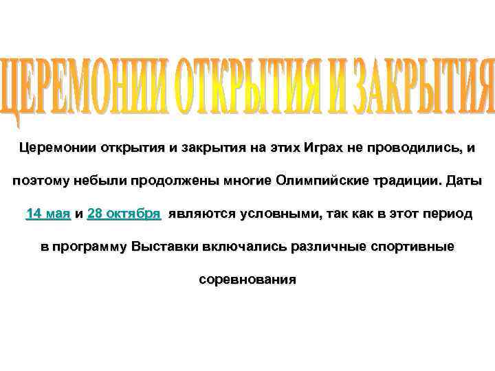 Церемонии открытия и закрытия на этих Играх не проводились, и поэтому небыли продолжены многие