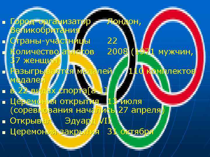n n n n Город-организатор Лондон, Великобритания Страны-участницы 22 Количество атлетов 2008 (1971 мужчин,
