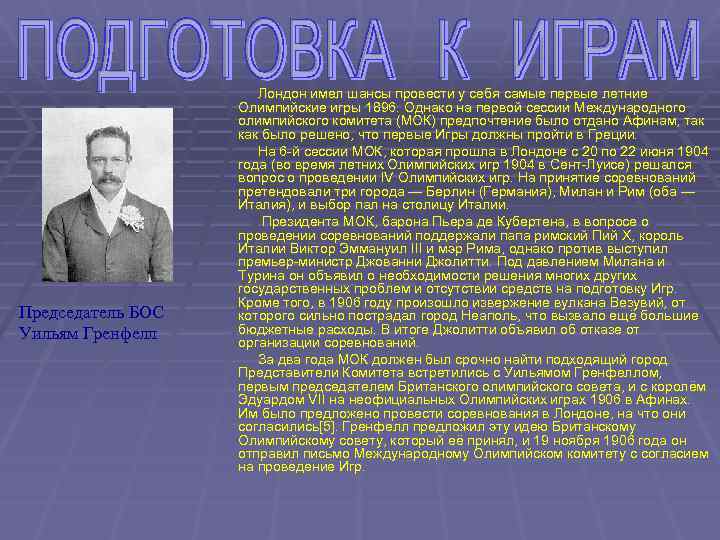 Председатель БОС Уильям Гренфелл Лондон имел шансы провести у себя самые первые летние Олимпийские