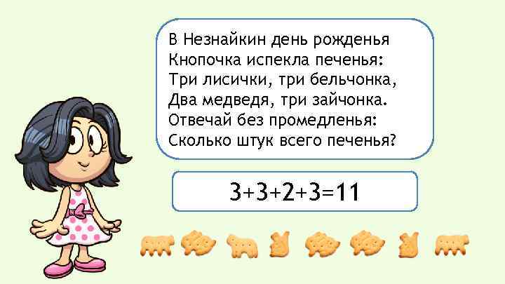 В Незнайкин день рожденья Кнопочка испекла печенья: Три лисички, три бельчонка, Два медведя, три