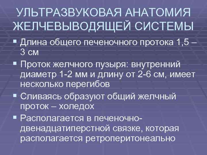 УЛЬТРАЗВУКОВАЯ АНАТОМИЯ ЖЕЛЧЕВЫВОДЯЩЕЙ СИСТЕМЫ § Длина общего печеночного протока 1, 5 – 3 см