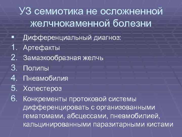 УЗ семиотика не осложненной желчнокаменной болезни § 1. 2. 3. 4. 5. 6. Дифференциальный