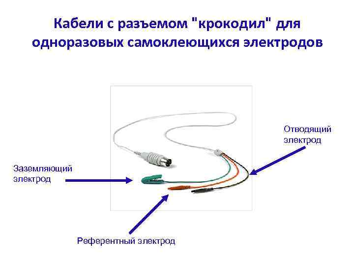 Кабели c разъемом "крокодил" для одноразовых самоклеющихся электродов Отводящий электрод Заземляющий электрод Референтный электрод