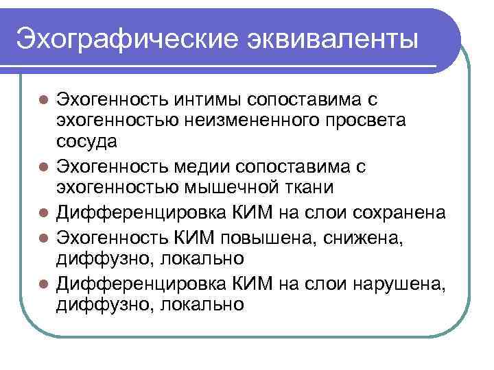 Эхографические эквиваленты l l l Эхогенность интимы сопоставима с эхогенностью неизмененного просвета сосуда Эхогенность