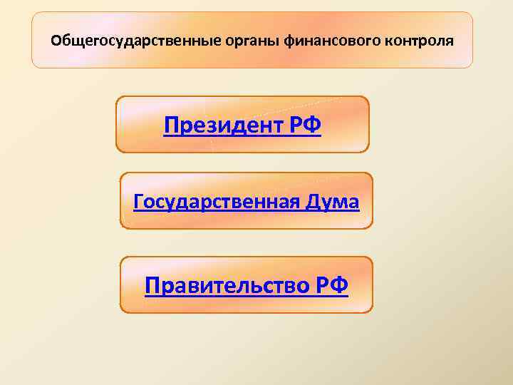 Общегосударственные органы финансового контроля Президент РФ Государственная Дума Правительство РФ 