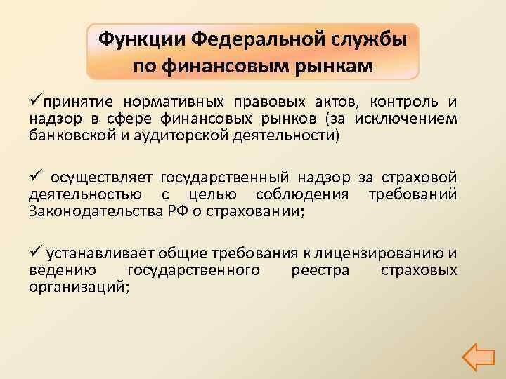 Функции Федеральной службы по финансовым рынкам üпринятие нормативных правовых актов, контроль и надзор в