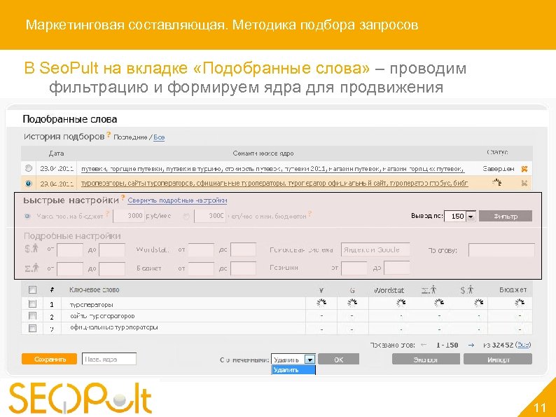 Маркетинговая составляющая. Методика подбора запросов В Seo. Pult на вкладке «Подобранные слова» – проводим