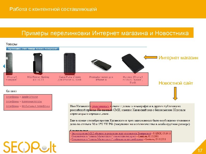 Работа с контентной составляющей Примеры перелинковки Интернет магазина и Новостника Интернет магазин Новостной сайт