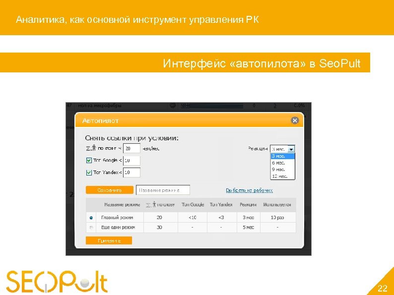 Аналитика, как основной инструмент управления РК Интерфейс «автопилота» в Seo. Pult 22 