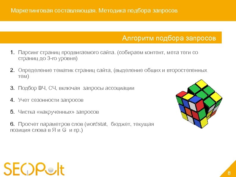 Маркетинговая составляющая. Методика подбора запросов Алгоритм подбора запросов 1. Парсинг страниц продвигаемого сайта. (собираем