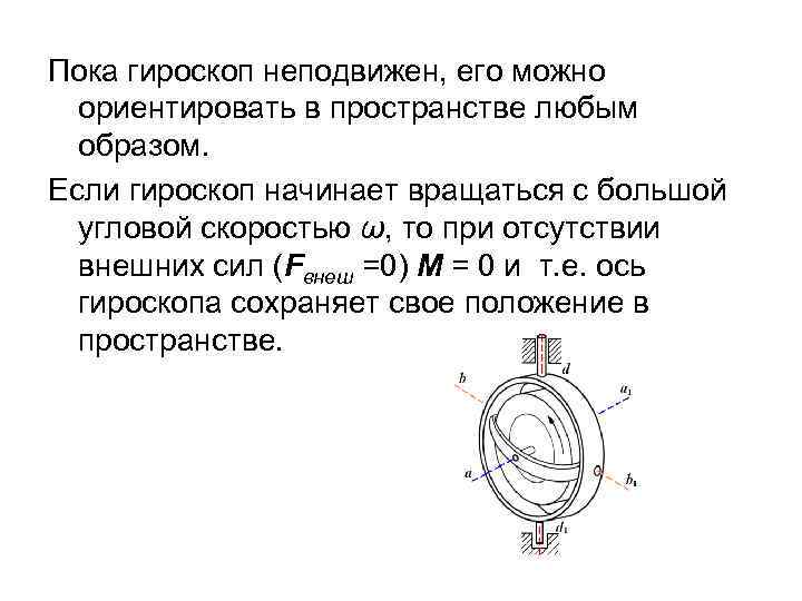 Пока гироскоп неподвижен, его можно ориентировать в пространстве любым образом. Если гироскоп начинает вращаться