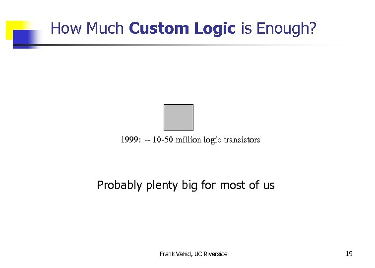 How Much Custom Logic is Enough? 1999: ~ 10 -50 million logic transistors Probably