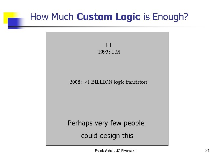 How Much Custom Logic is Enough? 1993: 1 M 2008: >1 BILLION logic transistors