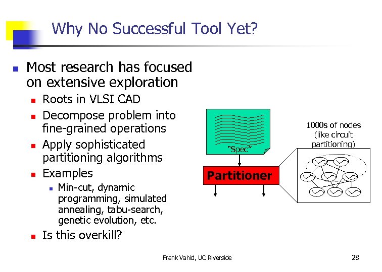 Why No Successful Tool Yet? n Most research has focused on extensive exploration n