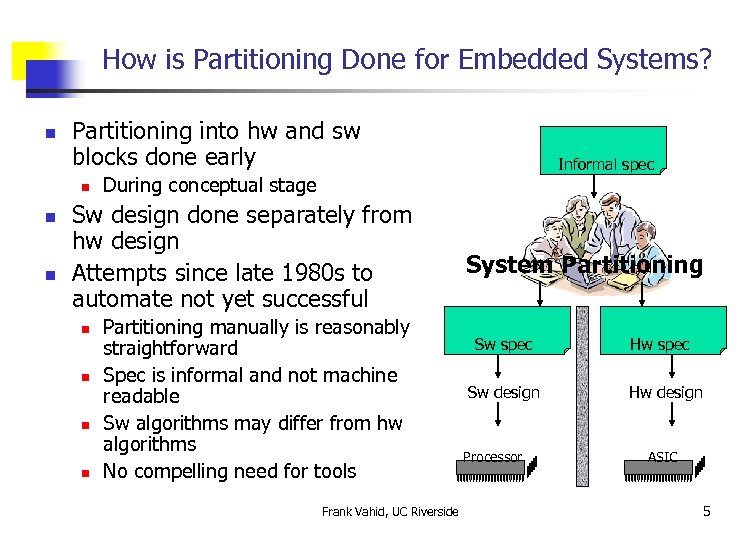 How is Partitioning Done for Embedded Systems? n Partitioning into hw and sw blocks