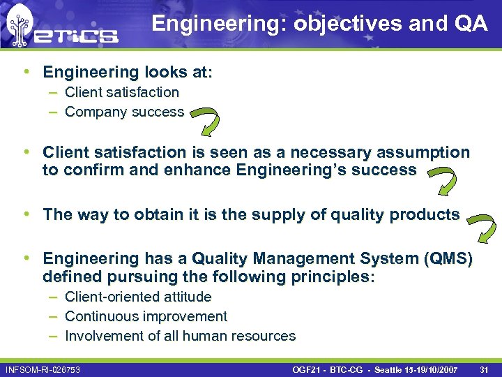 Engineering: objectives and QA • Engineering looks at: – Client satisfaction – Company success