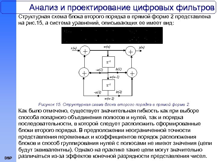 Анализ и проектирование цифровых фильтров Структурная схема блока второго порядка в прямой форме 2