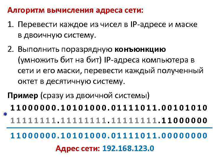 Алгоритм вычисления адреса сети: 1. Перевести каждое из чисел в IP-адресе и маске в