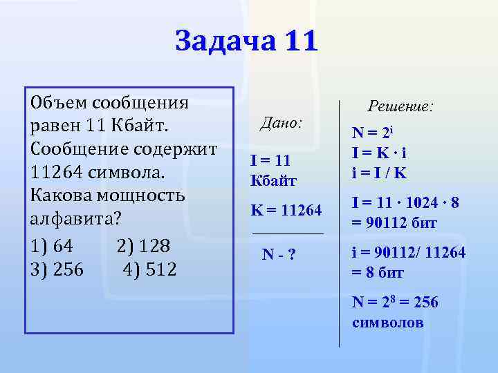 Объем сообщения равен 11 кбайт