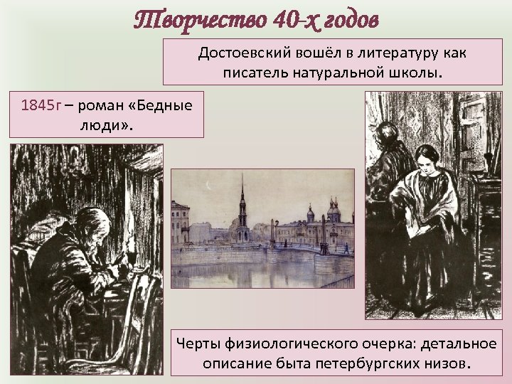 Творчество 40 -х годов Достоевский вошёл в литературу как писатель натуральной школы. 1845 г