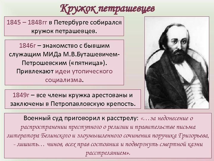 Кружок петрашевцев 1845 – 1848 гг в Петербурге собирался кружок петрашевцев. 1846 г –