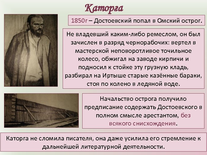 Каторга 1850 г – Достоевский попал в Омский острог. Не владевший каким-либо ремеслом, он