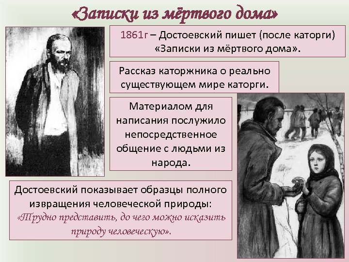  «Записки из мёртвого дома» 1861 г – Достоевский пишет (после каторги) «Записки из