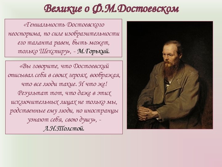 Великие о Ф. М. Достоевском «Гениальность Достоевского неоспорима, по силе изобразительности его таланта равен,