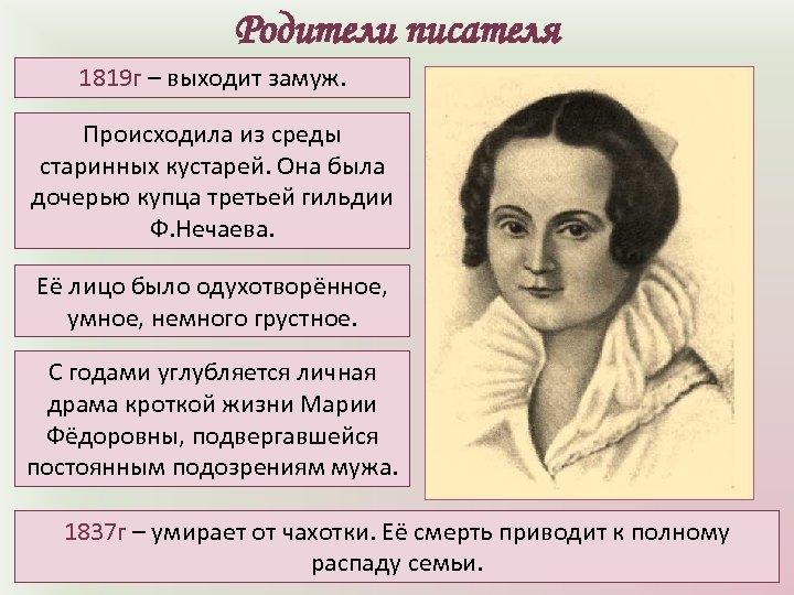 Родители писателя 1819 г – выходит замуж. Происходила из среды старинных кустарей. Она была