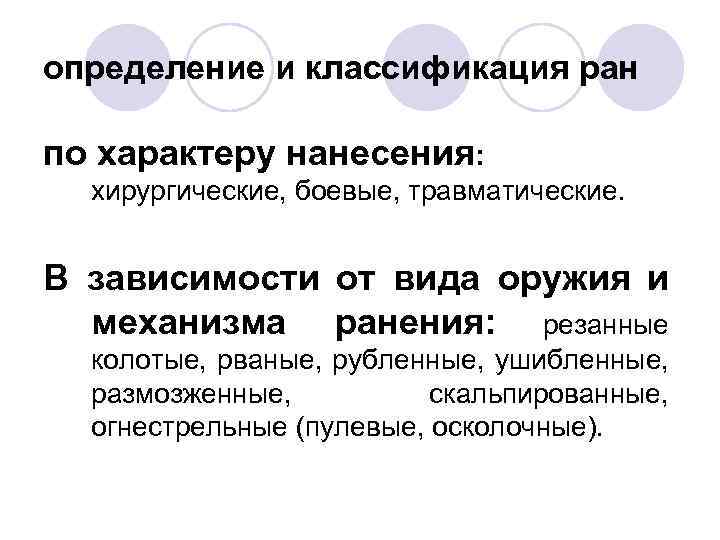 определение и классификация ран по характеру нанесения: хирургические, боевые, травматические. В зависимости от вида