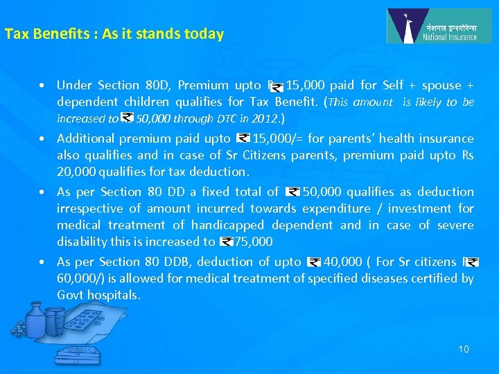 Tax Benefits : As it stands today • Under Section 80 D, Premium upto