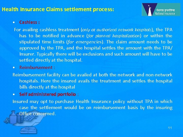 Health Insurance Claims settlement process: • Cashless : For availing cashless treatment (only at