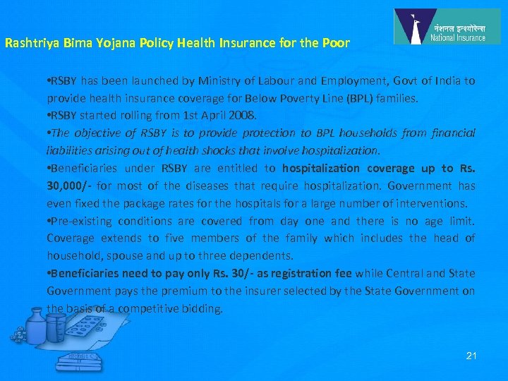 Rashtriya Bima Yojana Policy Health Insurance for the Poor • RSBY has been launched