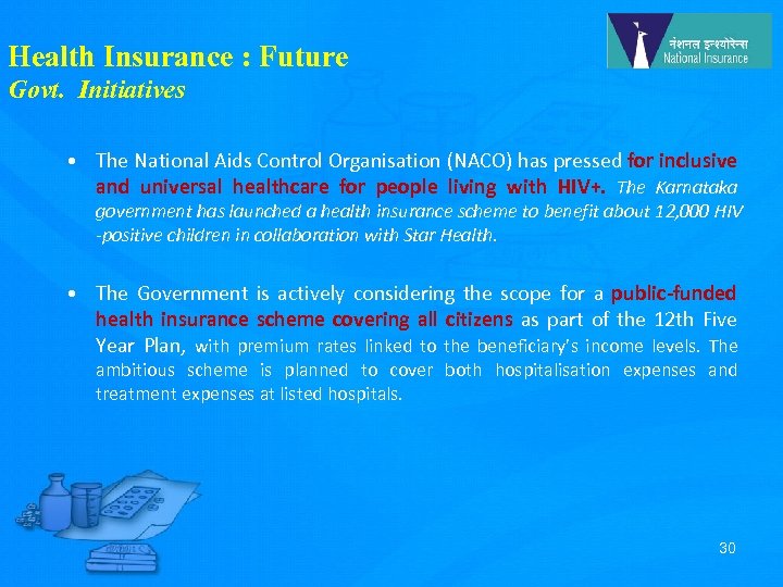 Health Insurance : Future Govt. Initiatives • The National Aids Control Organisation (NACO) has